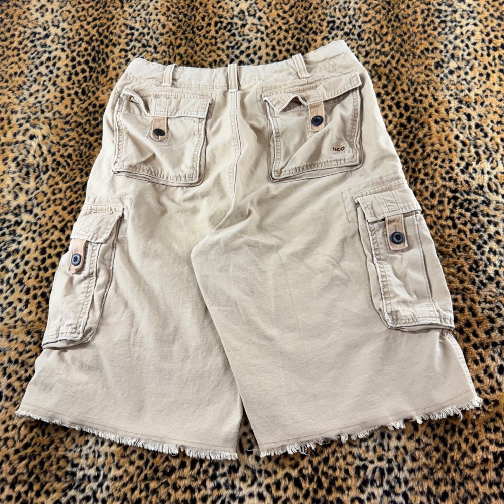 Hollister Baggy Cargo Shorts Mens 30 Tan Khaki Y2K 2000s Raw Hem